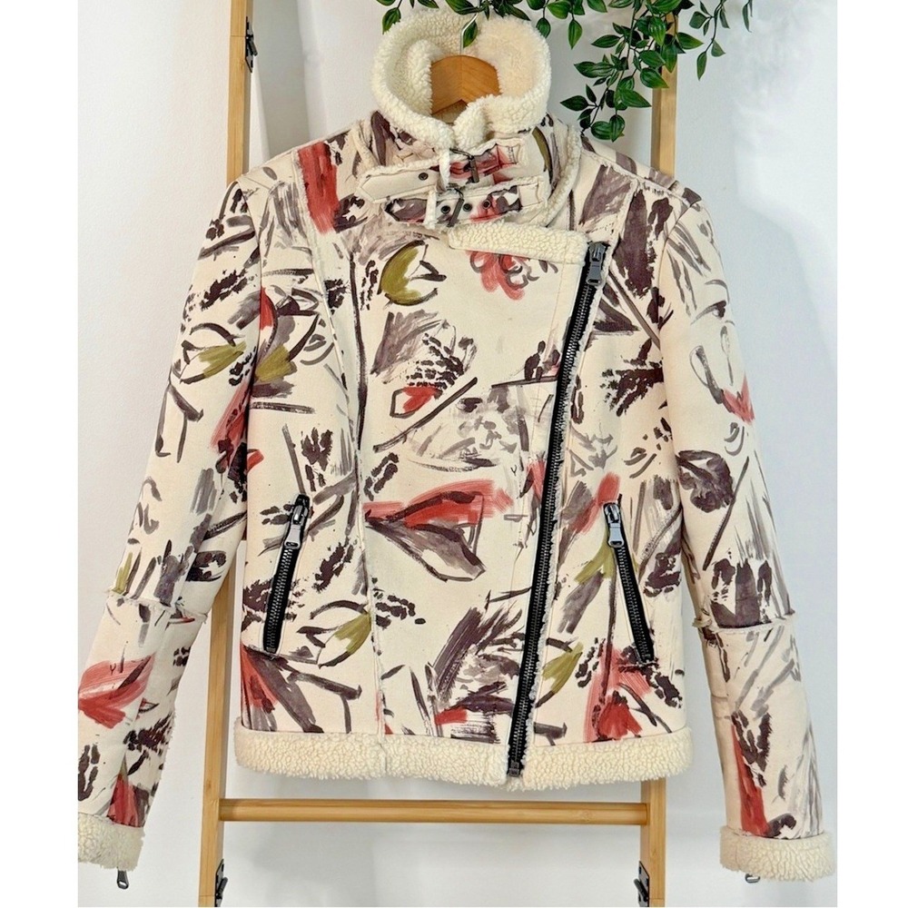ZARA BASIC AW17 Faux Suede Shearling Abstract Print Moto Biker Jacket S NWOT